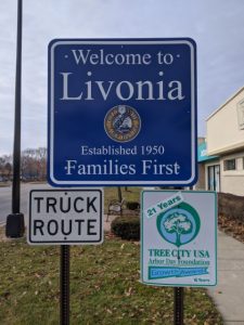 the welcome to livonia sign